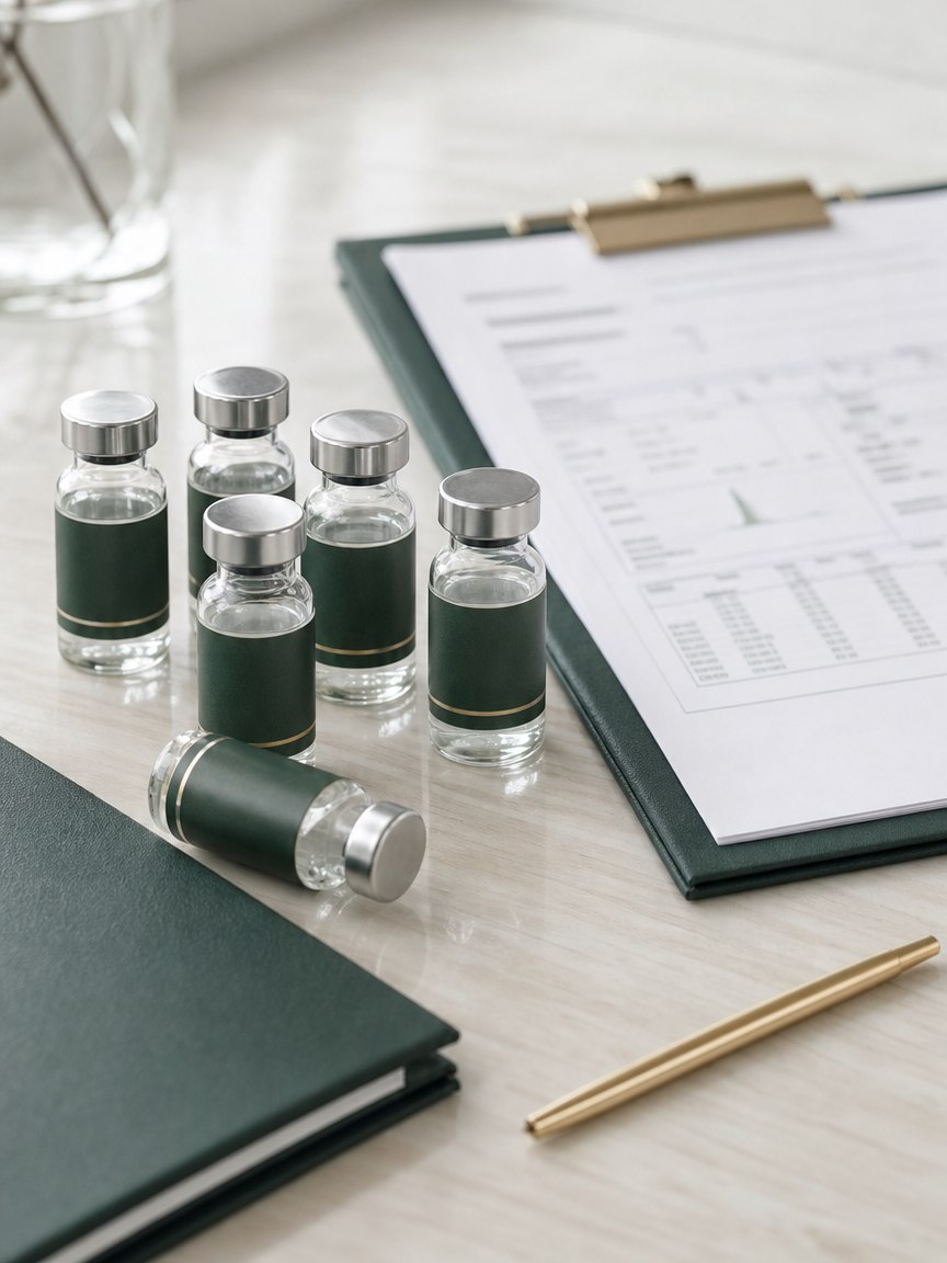 PureTy Peptides research vials on a laboratory counter beside batch documentation